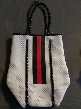 FASHION White Perforated Tote with Black and Red Stripes and Wristlet -